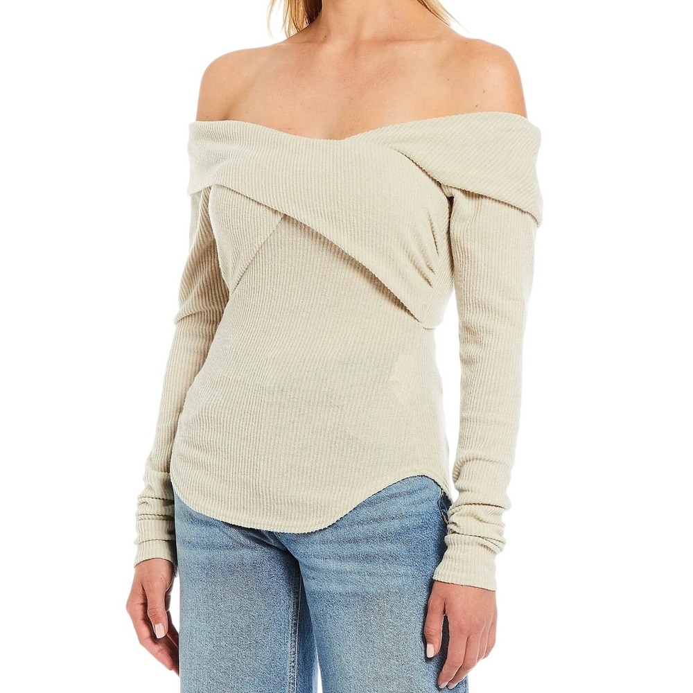 Free People Cabin Fever Off The Shoulder Ribbed Knit Crossover Top Oatmeal SMALL